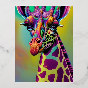Postal Festiva Con Relieve Metalizado Giraffe Psicodelic Fantasy Character Retrato