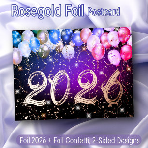 Postal Festiva Con Relieve Metalizado Globos Confeti Feliz Año Nuevo Elegante Rosa Dorad