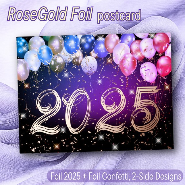 Postal Festiva Con Relieve Metalizado Globos Confetti Feliz Año Nuevo elegante Rosa Oro (Subido por el creador)