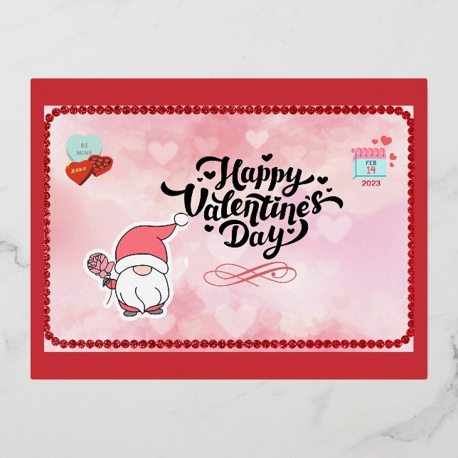 Postal Festiva Con Relieve Metalizado Gnome Valentine Day Card (Anverso)