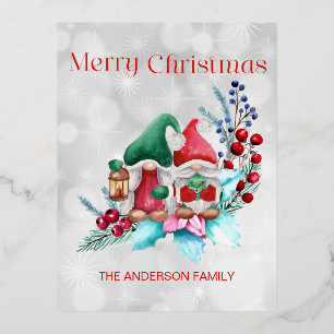 Postal Festiva Con Relieve Metalizado Gnomos de Navidad con acuarela de papel de plata