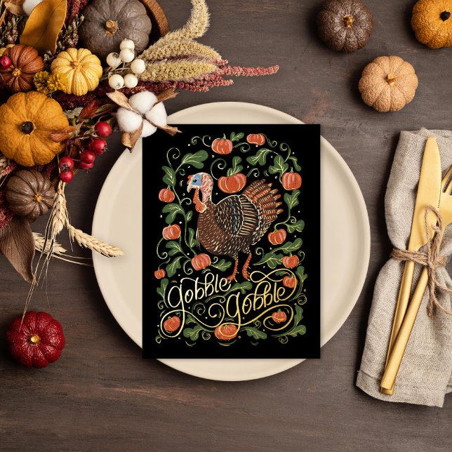 Postal Festiva Con Relieve Metalizado Gobble Gobble Turquía Acción de Gracias (Subido por el creador)