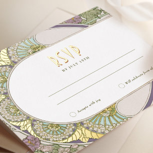 Postal Festiva Con Relieve Metalizado Gold Lilac RSVP Insertar Art Nouveau mucha vintage