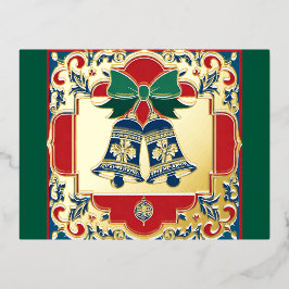Postal Festiva Con Relieve Metalizado Golden Christmas Night and the Christmas Bell