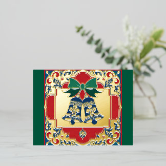 Postal Festiva Con Relieve Metalizado Golden Christmas Night and the Christmas Bell