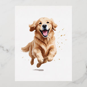 Postal Festiva Con Relieve Metalizado Golden Retriever Happy Playong Fun Saltando Al Air