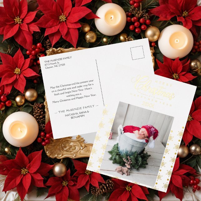 Postal Festiva Con Relieve Metalizado Golden Snowflakes Merry Christmas Photo Baby (Golden Snowflakes Merry Christmas Photo Baby Metallic Foil Holiday Postcard.)