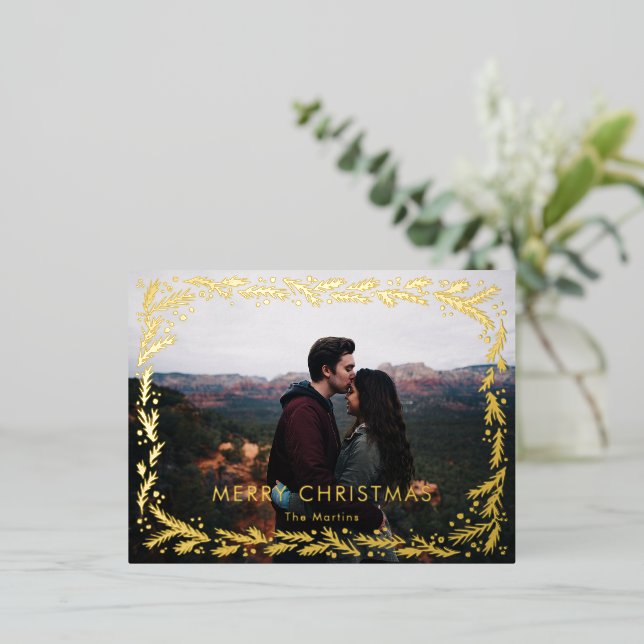 Postal Festiva Con Relieve Metalizado Golden Wreath Merry Christmas Photo Design (Anverso de pie)