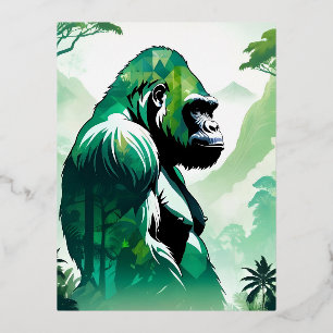 Postal Festiva Con Relieve Metalizado Gorila Vida Silvestre Naturaleza Animal Selva