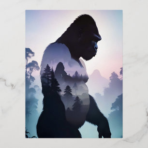 Postal Festiva Con Relieve Metalizado Gorilla Doble exposición Naturaleza animal