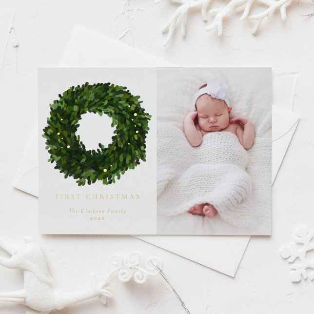 Postal Festiva Con Relieve Metalizado Gouache Boxwood Wreath First Baby Navidad Photo (Subido por el creador)