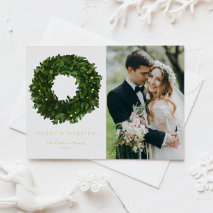 Postal Festiva Con Relieve Metalizado Gouache Boxwood Wreath Navidades recién casados Fo