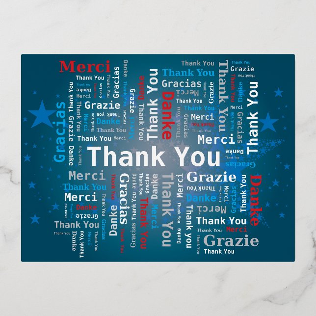 Postal Festiva Con Relieve Metalizado Gracias Nube de palabras - 5 idiomas - Azul profun (Anverso)