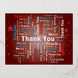 Postal Festiva Con Relieve Metalizado Gracias Word Cloud - 5 Idiomas - Rojo