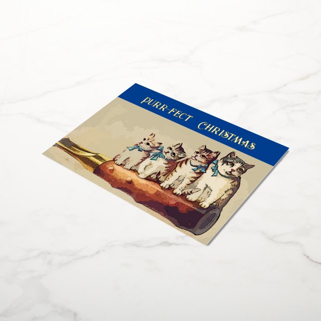 Postal Festiva Con Relieve Metalizado Graciosos gatos de Navidades victorianos (girado)