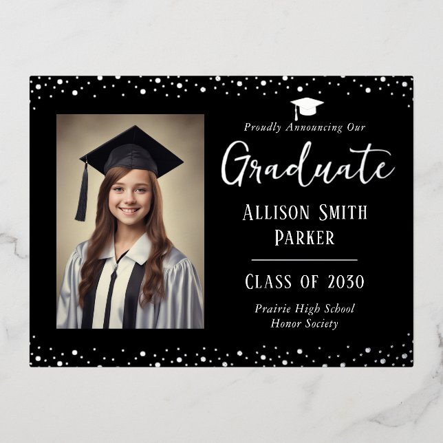 Postal Festiva Con Relieve Metalizado Graduation Announcement Black and Silver Photo (Anverso)