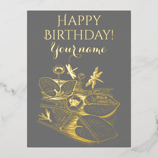 Postal Festiva Con Relieve Metalizado Gráfica amarilla de lirios de agua (Anverso)