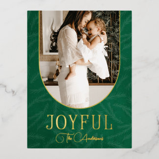 Postal Festiva Con Relieve Metalizado Green Gold Moderno Botanical Arch Joyful Photo