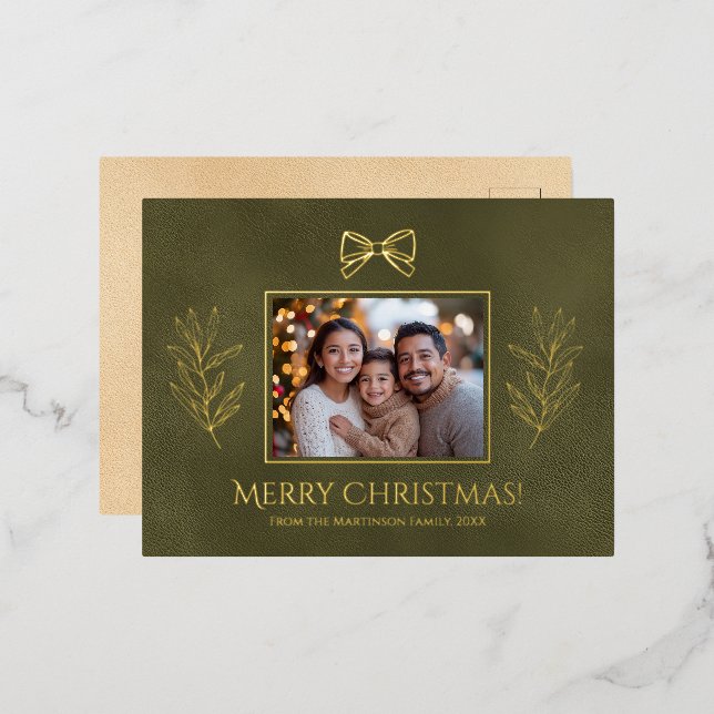 Postal Festiva Con Relieve Metalizado Green Merry Christmas Brands Bow Photo (Anverso/Reverso)