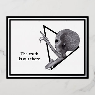 Postal Festiva Con Relieve Metalizado Grey Alien, la verdad está ahí fuera