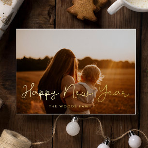 Postal Festiva Con Relieve Metalizado Guión curado Feliz Año Nuevo foto