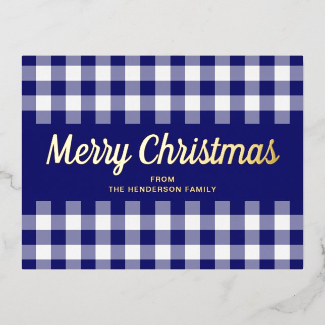 Postal Festiva Con Relieve Metalizado Guión dorado Azul Gingham Feliz Navidad (Anverso)