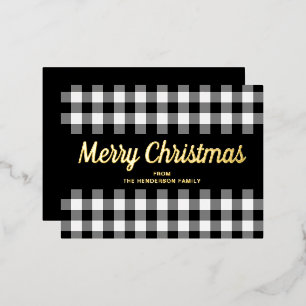 Postal Festiva Con Relieve Metalizado Guión dorado Black White Gingham Feliz Navidad