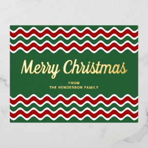 Postal Festiva Con Relieve Metalizado Guión dorado Las franjas verdes Feliz Navidad