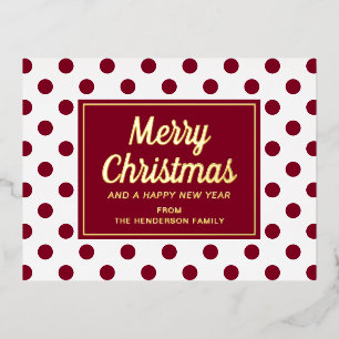 Postal Festiva Con Relieve Metalizado Guión Dorado Lunares Rojos Feliz Navidad