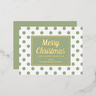 Postal Festiva Con Relieve Metalizado Guión dorado puntos verdes de Navidad alegre