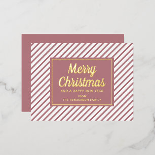 Postal Festiva Con Relieve Metalizado Guión dorado Rayas rosadas Feliz Navidad