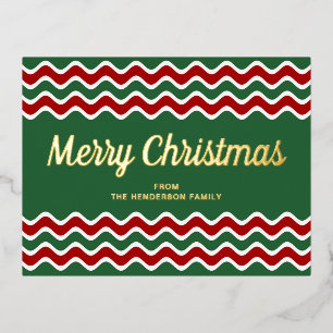 Postal Festiva Con Relieve Metalizado Guión Dorado Rayas Verdes Feliz Navidad