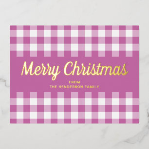 Postal Festiva Con Relieve Metalizado Guión dorado rosa a cuadros Feliz Navidad