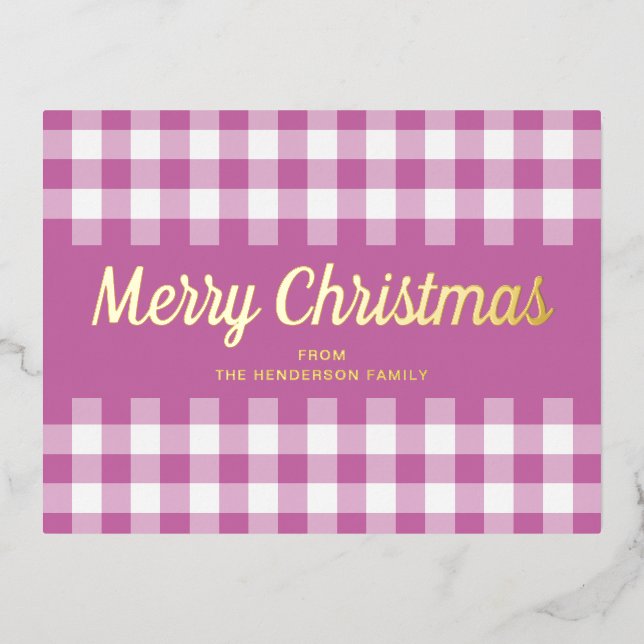 Postal Festiva Con Relieve Metalizado Guión dorado Rosa Gingham Feliz Navidad (Anverso)