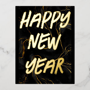Postal Festiva Con Relieve Metalizado Guión escrito a mano Oro moderno Feliz Año Nuevo