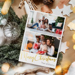 Postal Festiva Con Relieve Metalizado Guión festivo Dos fotos Feliz Navidad Gold<br><div class="desc">Celebra la temporada con este guión festivo de dos fotos de la fiesta del Relieve metalizado de oro de navidad con un toque de elegancia. El diseño de la moda se caracteriza por una sencilla paleta de colores dorados y blancos que evoca el espíritu acogedor del invierno. Su atractivo moderno...</div>