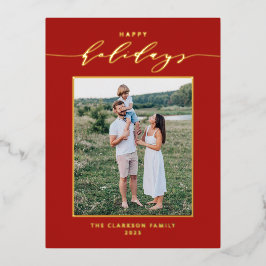 Postal Festiva Con Relieve Metalizado Guión moderno Red Happy Holidays Photo