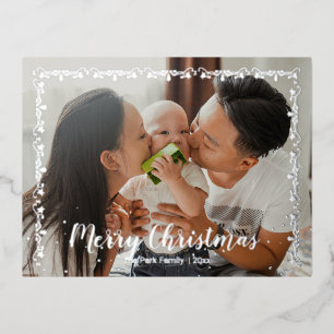 Postal Festiva Con Relieve Metalizado Guirnalda de Feliz Navidad Foto Familiar Recortada