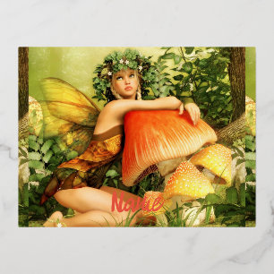 Postal Festiva Con Relieve Metalizado Hadas de hongo Thunder_Cove