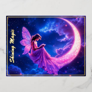 Postal Festiva Con Relieve Metalizado Hadas rosas luna creciente luna de luna resplandor