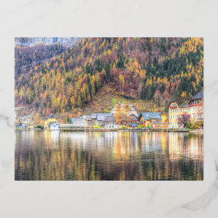 Postal Festiva Con Relieve Metalizado Hallstatt Village Austria
