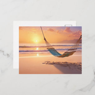 Postal Festiva Con Relieve Metalizado Hamaca de playa al atardecer