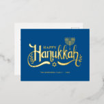 Postal Festiva Con Relieve Metalizado "Hanukkah feliz" oro Menorah<br><div class="desc">"Hanukkah feliz" Diseño de Menorah dorado.</div>