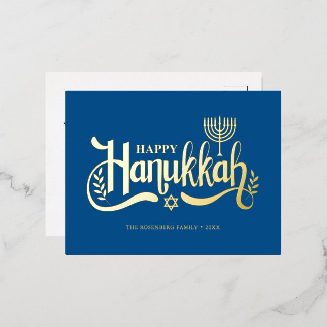 Postal Festiva Con Relieve Metalizado "Hanukkah feliz" oro Menorah (Anverso/Reverso)