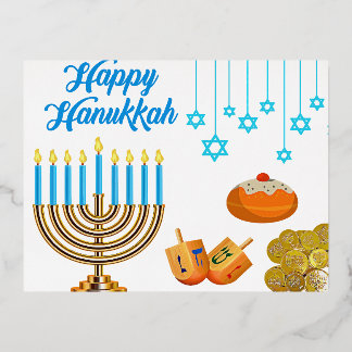 Postal Festiva Con Relieve Metalizado Hanukkah Menorah with Candles and Traditional Item