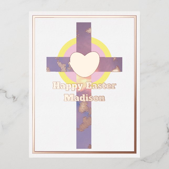 Postal Festiva Con Relieve Metalizado Happy Easter Purple Sky Cross Nombre (Anverso)