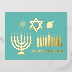 Postal Festiva Con Relieve Metalizado Happy Hannukah menorah dreidel