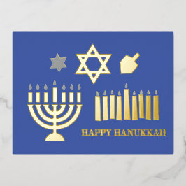 Postal Festiva Con Relieve Metalizado Happy Hannukah menorah dreidel