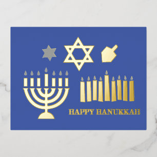 Postal Festiva Con Relieve Metalizado Happy Hannukah menorah dreidel