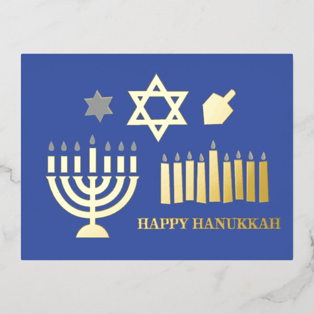 Postal Festiva Con Relieve Metalizado Happy Hannukah menorah dreidel (Anverso)